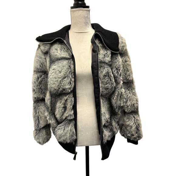 Women's Vintage Faux Fur Patchwork BGack and Grey Jacket With Black Knit Collar - Picture 2 of 8